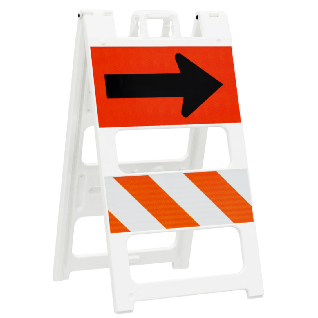 Two-sided traffic sign with red background and black arrow on one side, and orange and white stripes on the other, on a white background.