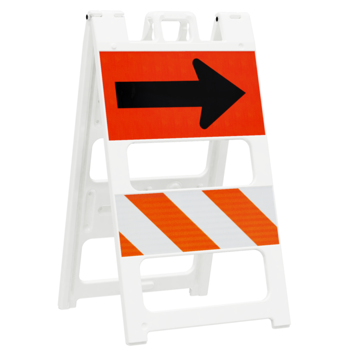 Two-sided traffic sign with red background and black arrow on one side, and orange and white stripes on the other, on a white background.
