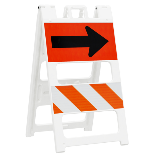 Two-sided traffic sign with red background and black arrow on one side, and orange and white stripes on the other, on a white background.