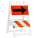 Two-sided traffic sign with red background and black arrow on one side, and orange and white stripes on the other, on a white background.