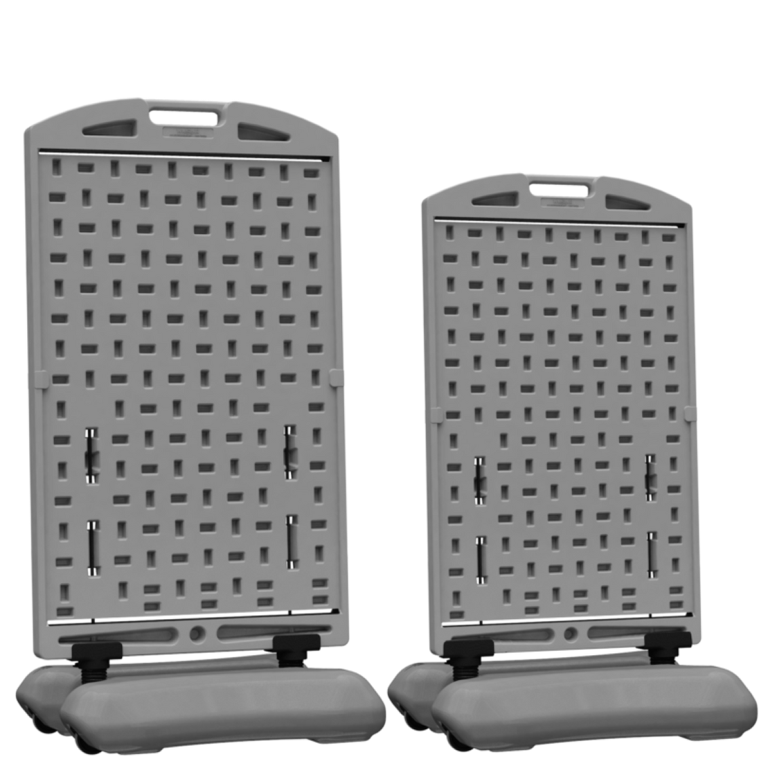 Two gray plastic stands with grid patterns on a white background