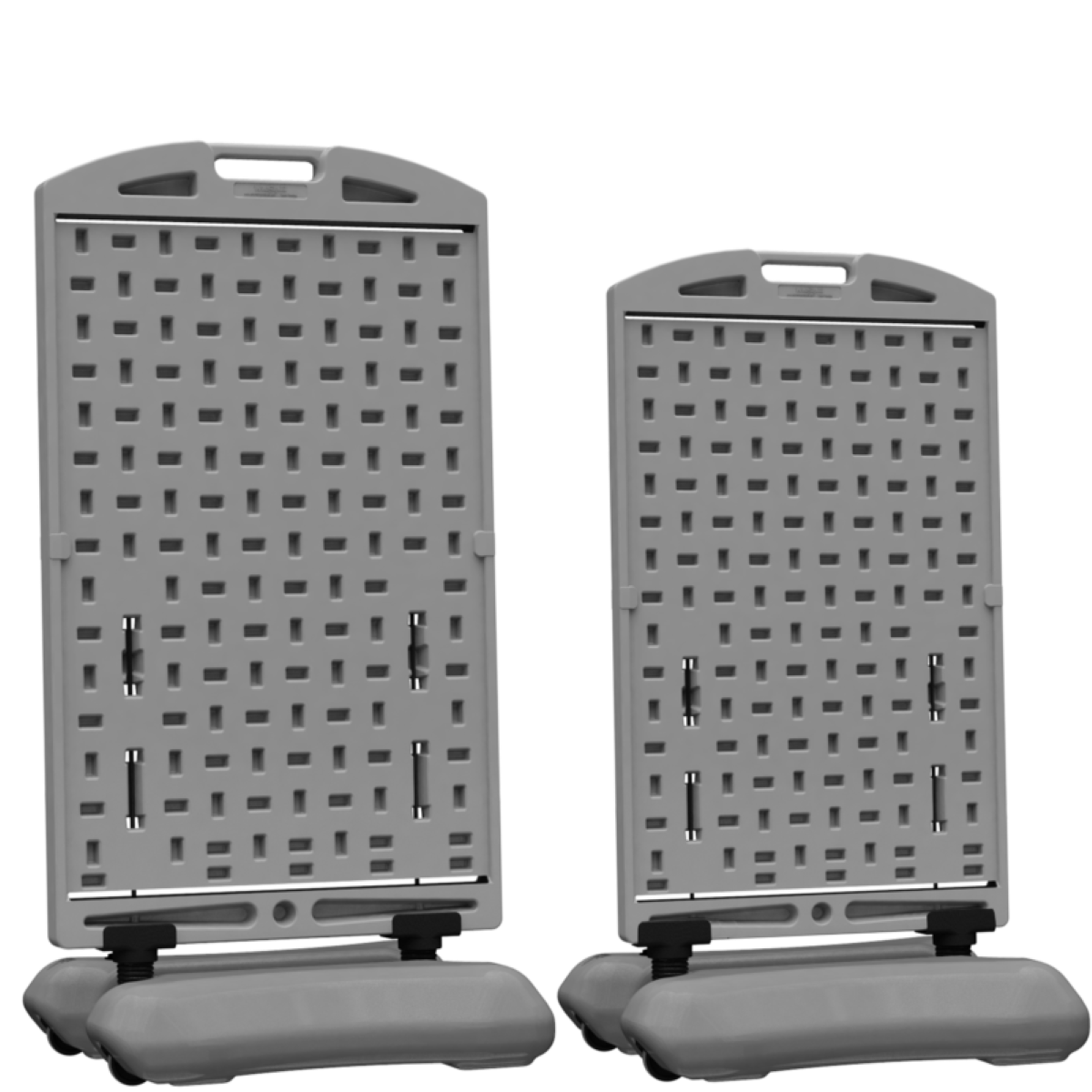 Two gray plastic stands with grid patterns on a white background