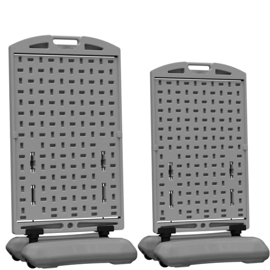 Two gray plastic stands with grid patterns on a white background