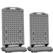 Two gray plastic stands with grid patterns on a white background