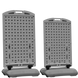 Two gray plastic stands with grid patterns on a white background