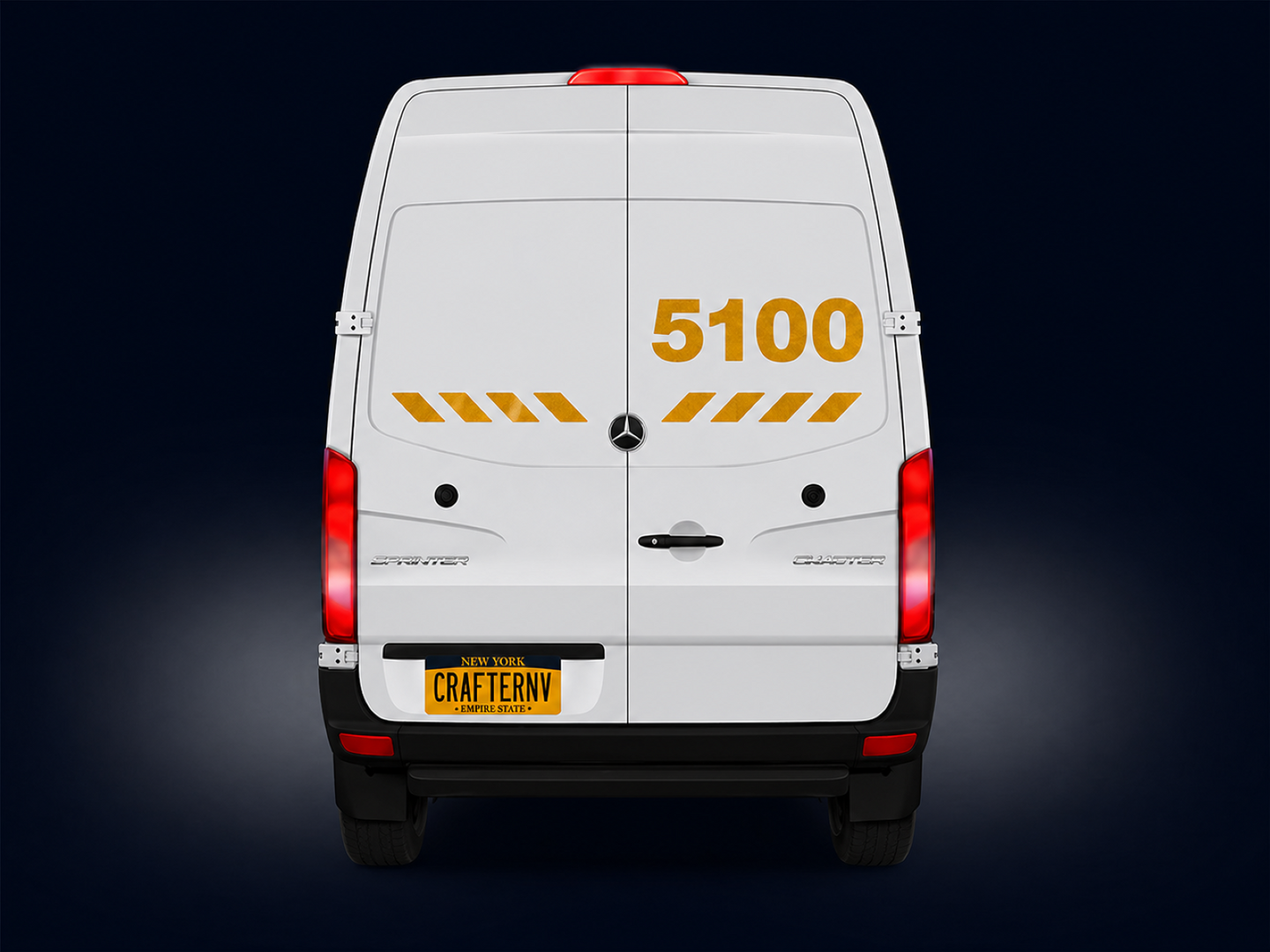 Back view of a white van with '5100' and branding on a dark background