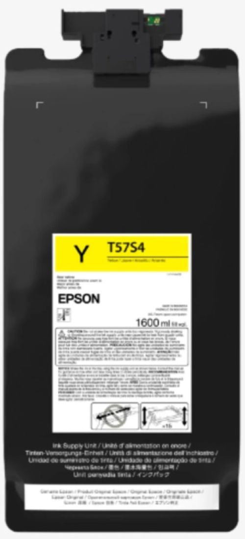 An Epson toner cartridge, model T5754, in the Yellow color variant. The unit is black with a prominent white and yellow label on the front displaying product details and compatibility information.