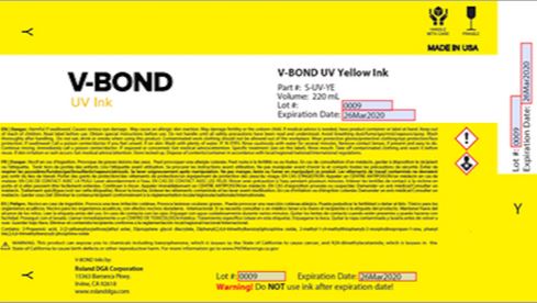 V-Bond UV Yellow Ink packaging with product details on a yellow background