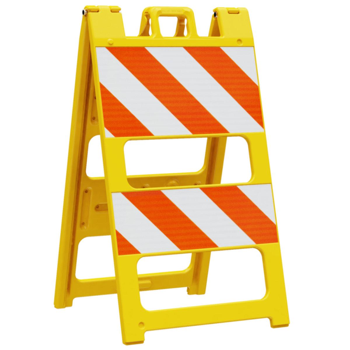 Yellow safety barrier with orange and white stripes on a white background