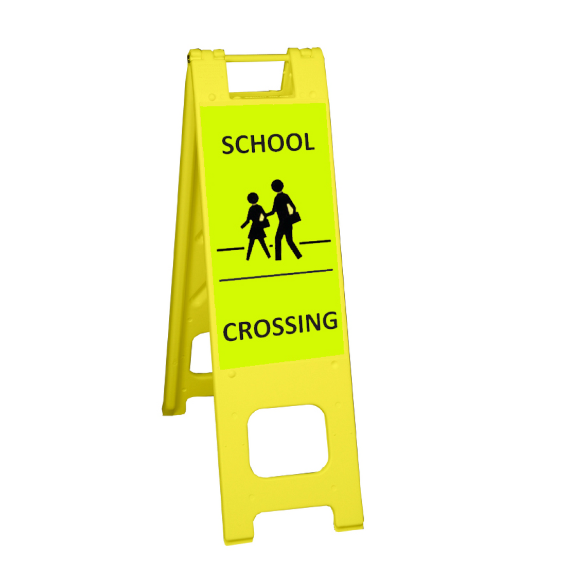 Yellow safety sign with 'School Crossing' text and icon on a white background