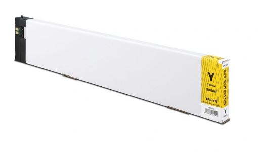 Yellow toner cartridge on a white background