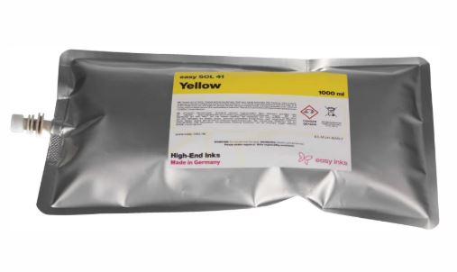 Yellow ink cartridge packaging with label on a white background