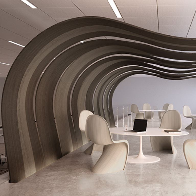 Modern office space with wavy wooden wall and minimalist furniture
