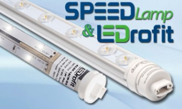 LED light bulb with 'SpeedLamp & LEDrofit' branding on a light blue background