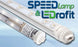 LED light bulb with 'SpeedLamp & LEDrofit' branding on a light blue background