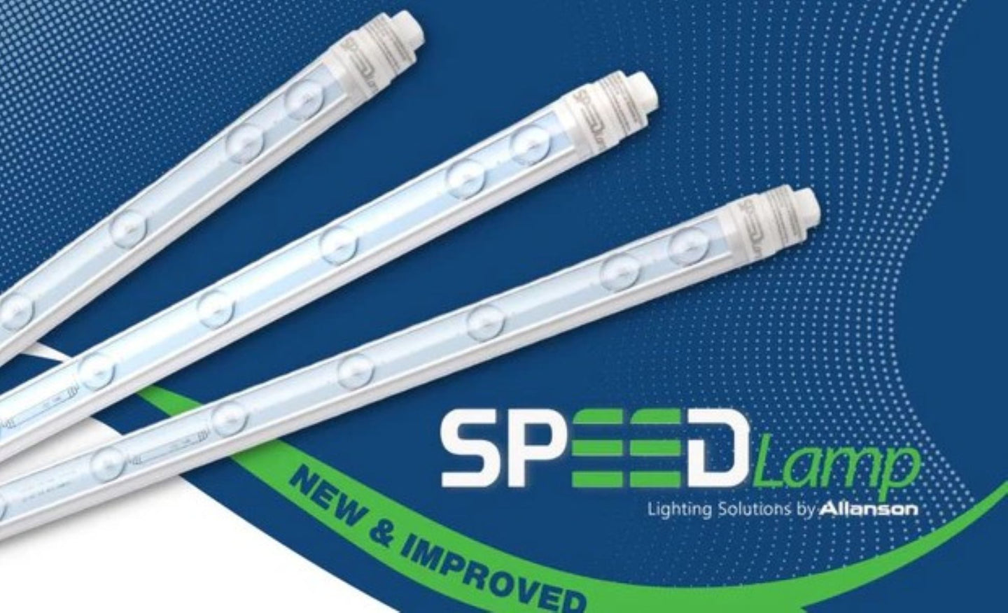 Three Speed Lamp lighting solutions on a blue and green background with Allanson logo.
