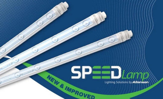 Three Speed Lamp lighting solutions on a blue and green background with Allanson logo.