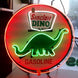 Neon sign featuring a dinosaur logo with 'Sinclair Dino Gasoline' text.