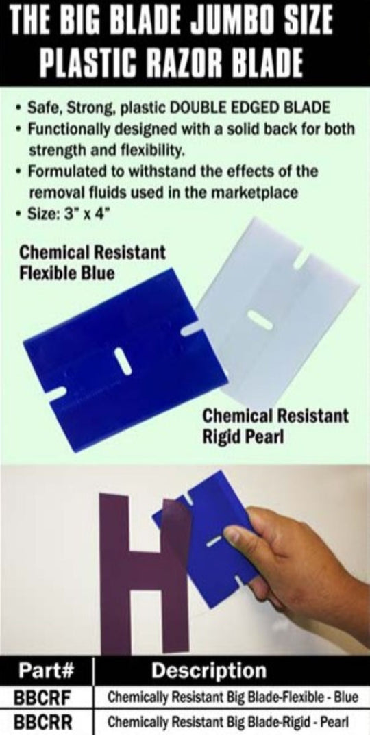 Advertisement for chemical resistant big blade razor blades with blue and rigid pearl options.