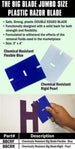 Advertisement for chemical resistant big blade razor blades with blue and rigid pearl options.