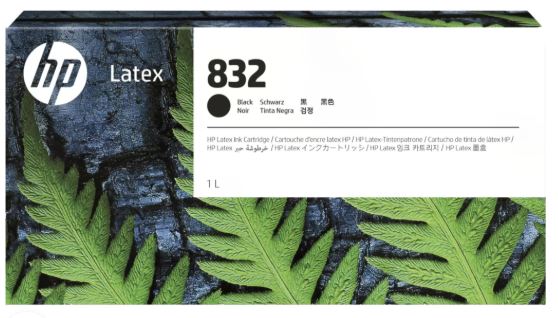 HP Latex 832 black ink cartridge packaging with green leaf design