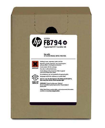 Box of HP Scitex FB794 UV ink with label on a beige background