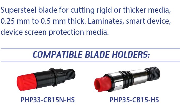 Supersteel blade for cutting media with compatibility details shown.