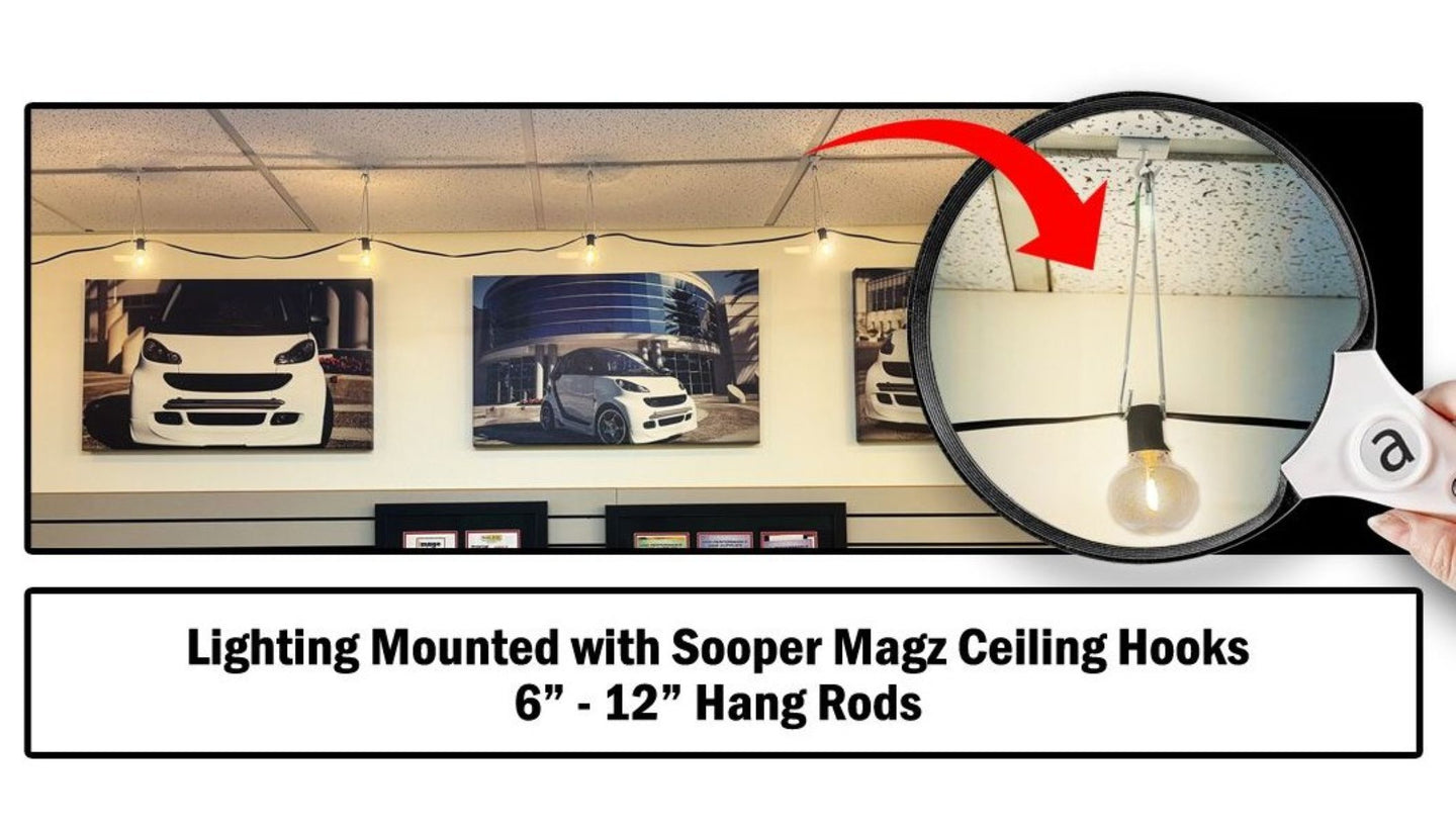 Ceiling lighting fixture with Sooper Magz ceiling hooks and magnifying glass for detail.