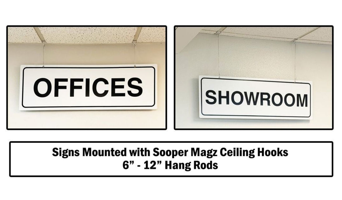 Two signs indicating 'OFFICES' and 'SHOWROOM' mounted with ceiling hooks.