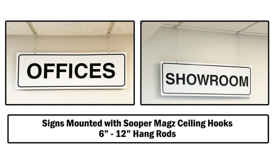 Two signs indicating 'OFFICES' and 'SHOWROOM' mounted with ceiling hooks.
