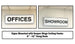 Two signs indicating 'OFFICES' and 'SHOWROOM' mounted with ceiling hooks.