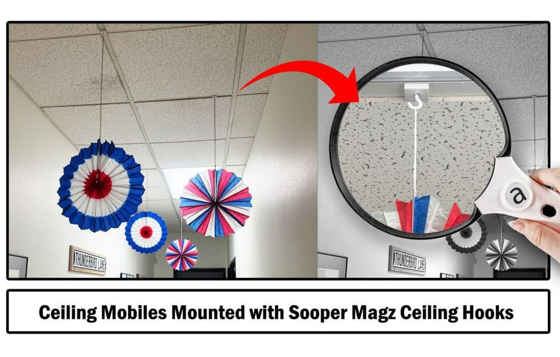 Ceiling mobiles mounted with Sooper Magz ceiling hooks on a tiled ceiling.