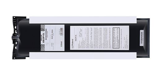Black printer cartridge with labels on a white background