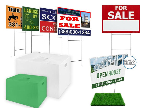 Collection of real estate signs including 'For Sale' and 'Open House' signs with a storage box and stand in the foreground.
