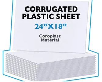 Stack of corrugated plastic sheets with dimensions 24x18 and material 'Coroplast'.