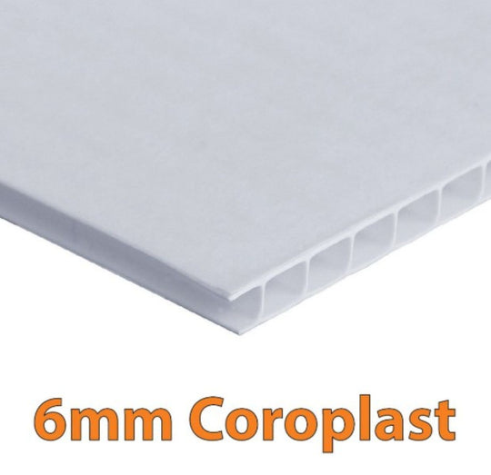 6mm Coroplast sheet on a white background with '6mm Coroplast' text.