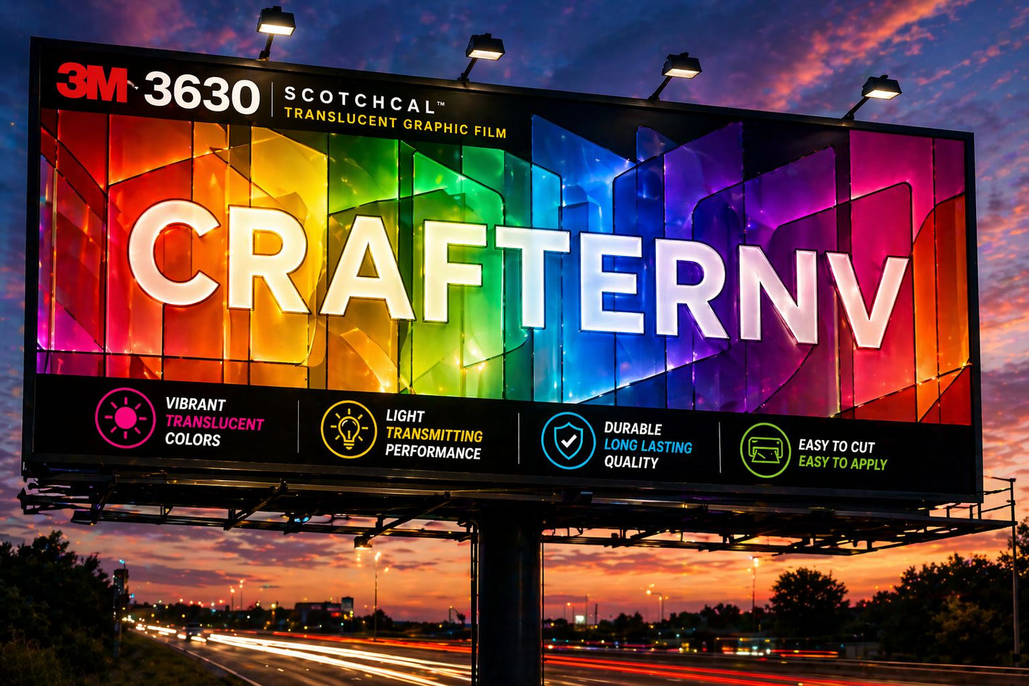 Billboard with 'CRAFTERNV' text and 3M branding against a sunset sky.