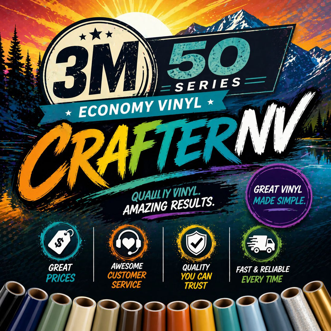 Advertisement for 3M Economy Vinyl Crafter NV with scenic background and product colors.