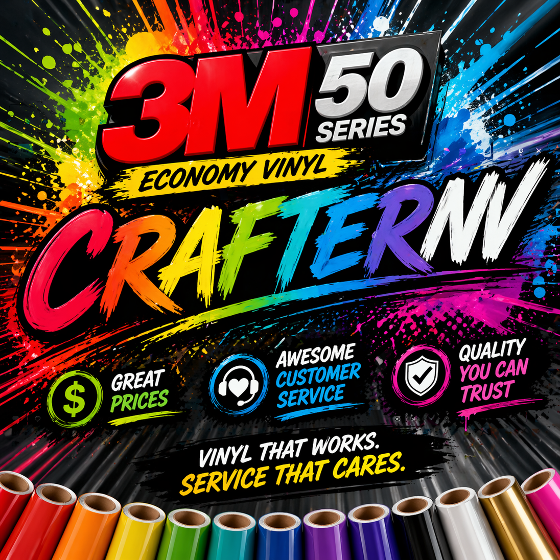 Promotional graphic for 3M 50 Series Economy Vinyl Crafter NV with colorful text and vinyl rolls.