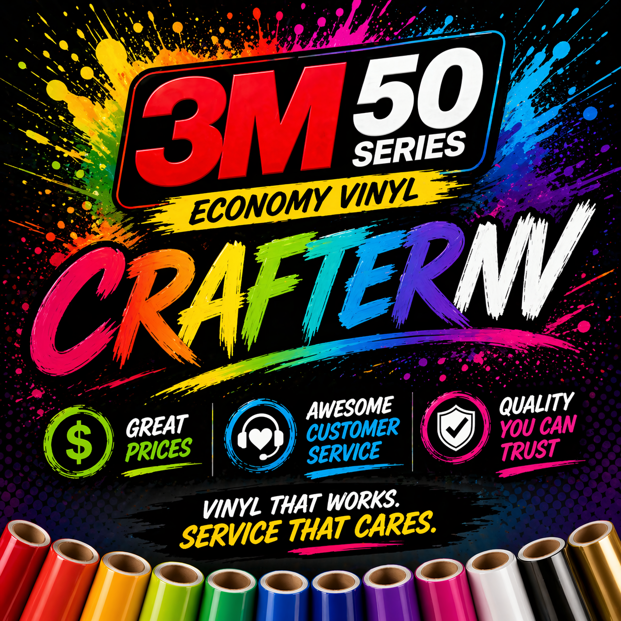 Promotional graphic for 3M Economy Vinyl Crafter NV with colorful text and vinyl rolls.