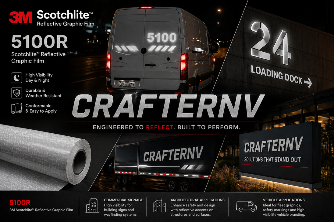 Scotchlite reflective graphic film with CrafterNV branding and product features.