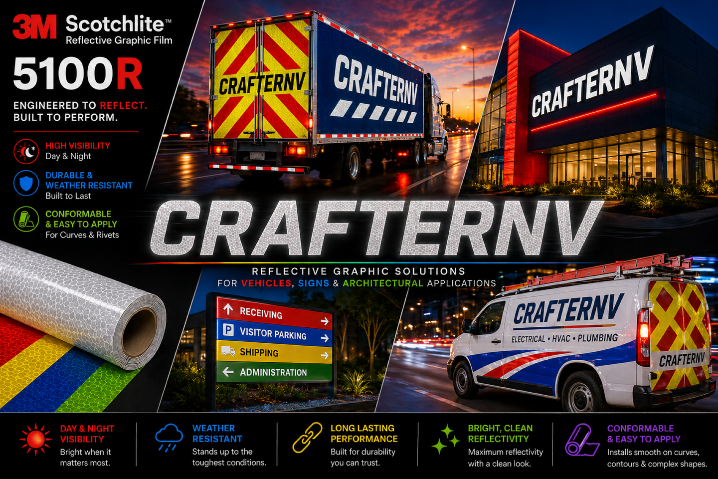 Promotional image of CrafterNV products and services, featuring a truck, van, and building with 'CrafterNV' branding.