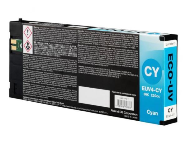 Cyan ink cartridge with visible branding and specifications on a white background