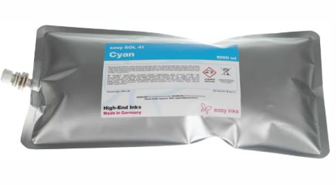 Cyan ink pouch with label on a white background