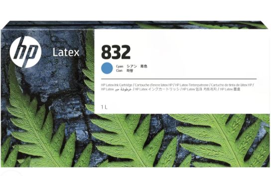 HP Latex 832 ink cartridge packaging with green leaf design