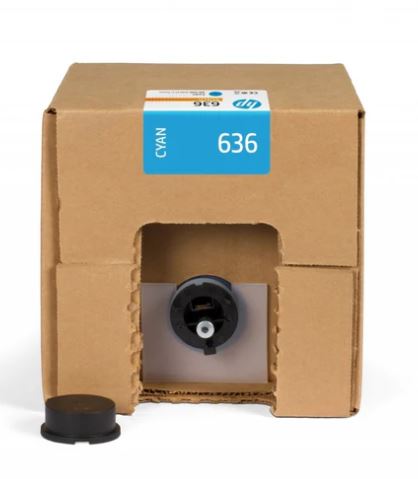 Cardboard box with a cyan ink cartridge inside, featuring HP branding.