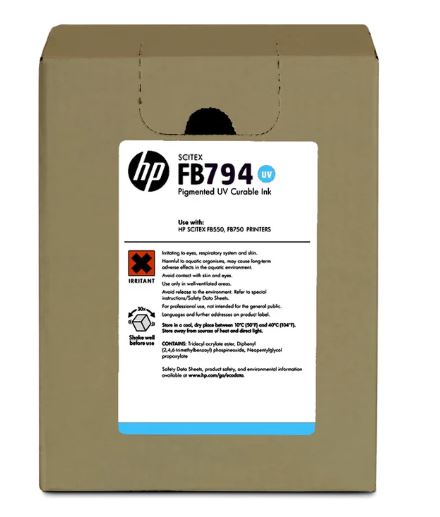 Box of HP FB794 Pigmented UV Curable Ink with label on a beige background