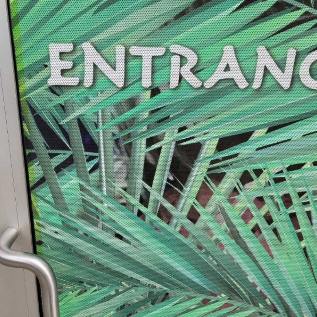 Glass door with palm leaf design and 'ENTRANCE' text
