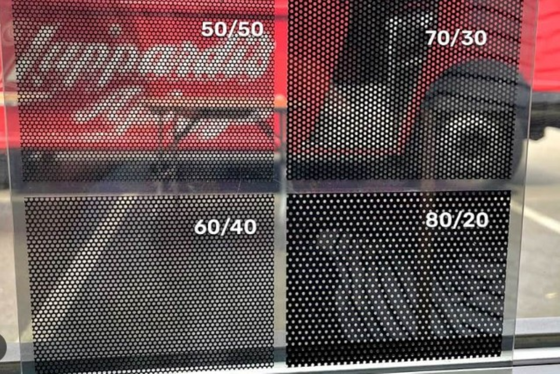 Perforated metal samples with different weight ratios displayed on a stand.