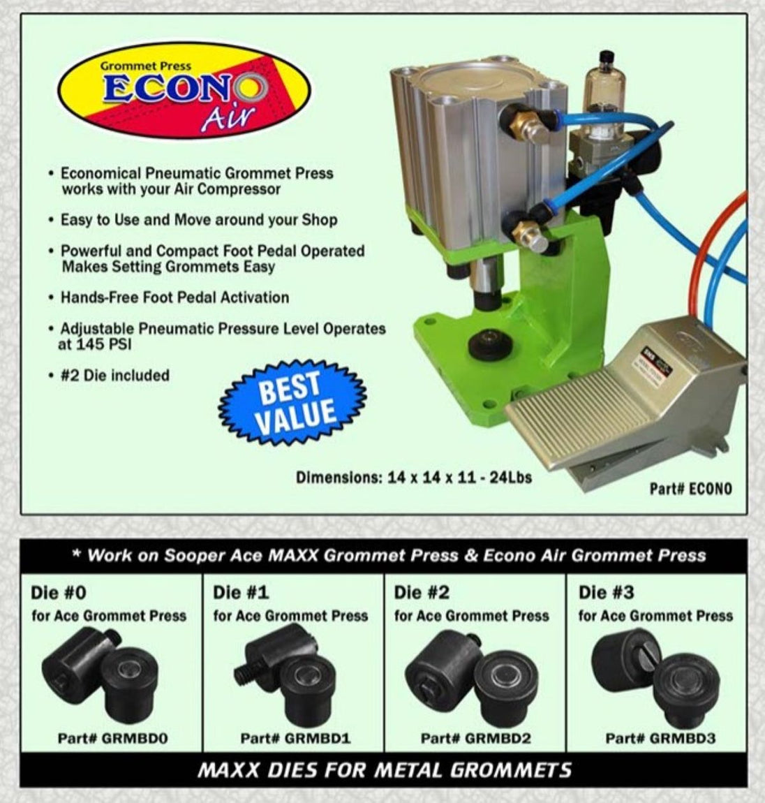 Econo Air grommet press with specifications and features on a gray background